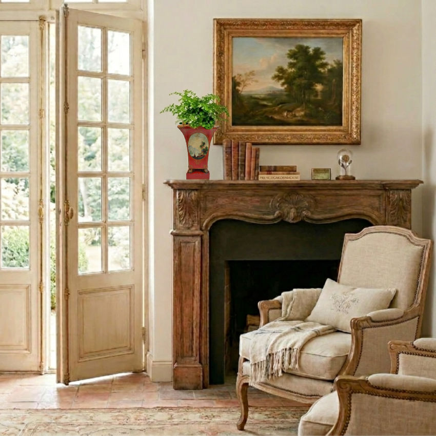 Antique French Directoire style tole peinte  with red patina and hand-painted scenes depicting a rural scene and a tree with a house in the background.