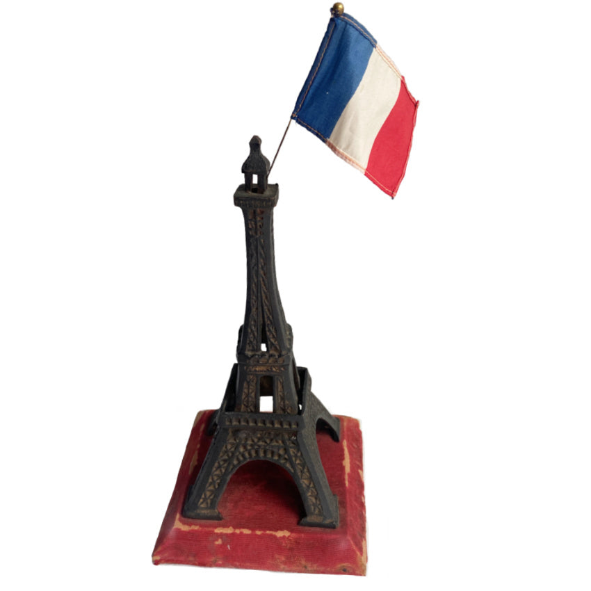 Vintage Eiffel Tower Paris Souvenir on Red Fabric Covered Base with Flag