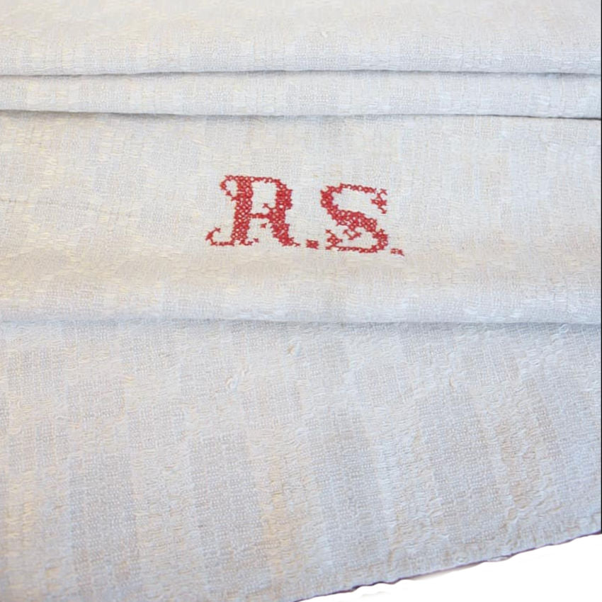 Antique French linen kitchen towel with red monogram
