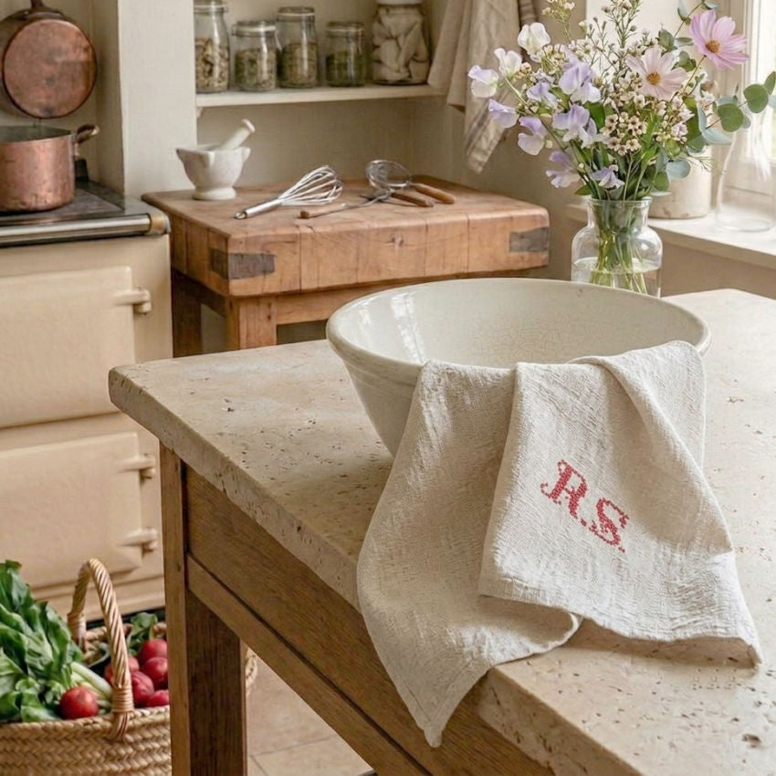 French family linen with embroidered initials styled in a French Country Kitchen in France