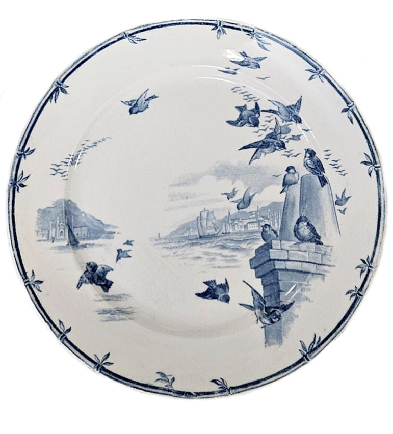 Antique Gien “Oiseaux et Bourgeois” blue transferware plate, 19th century French faience with birds and sailboats.