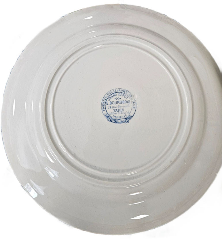 Antique Gien “Oiseaux et Bourgeois” blue transferware plates 19th century French faience mark.