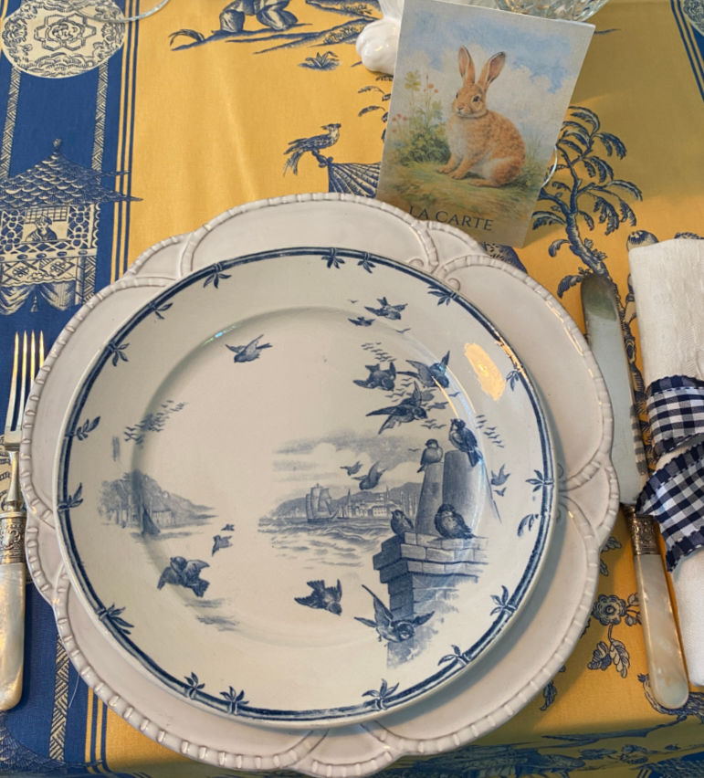 Antique Gien “Oiseaux et Bourgeois” blue transferware plates, set of six 9¼". 19th century French faience with birds and architectural scenes.