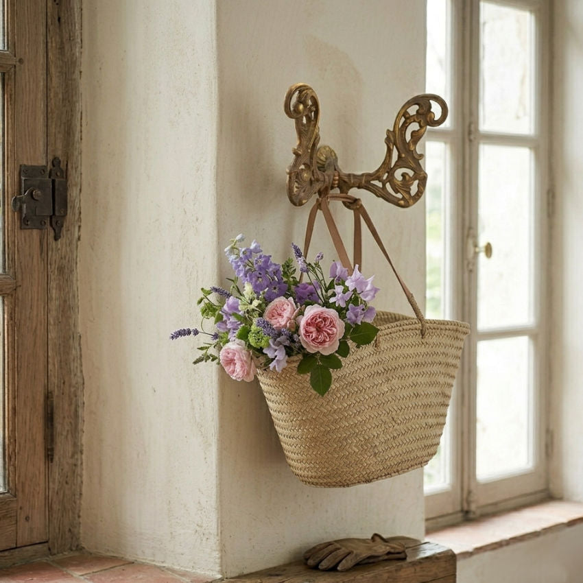 Ornate 19th-century French gilt cast iron double wall hook with Rococo foliate scroll details and authentic gold patina.