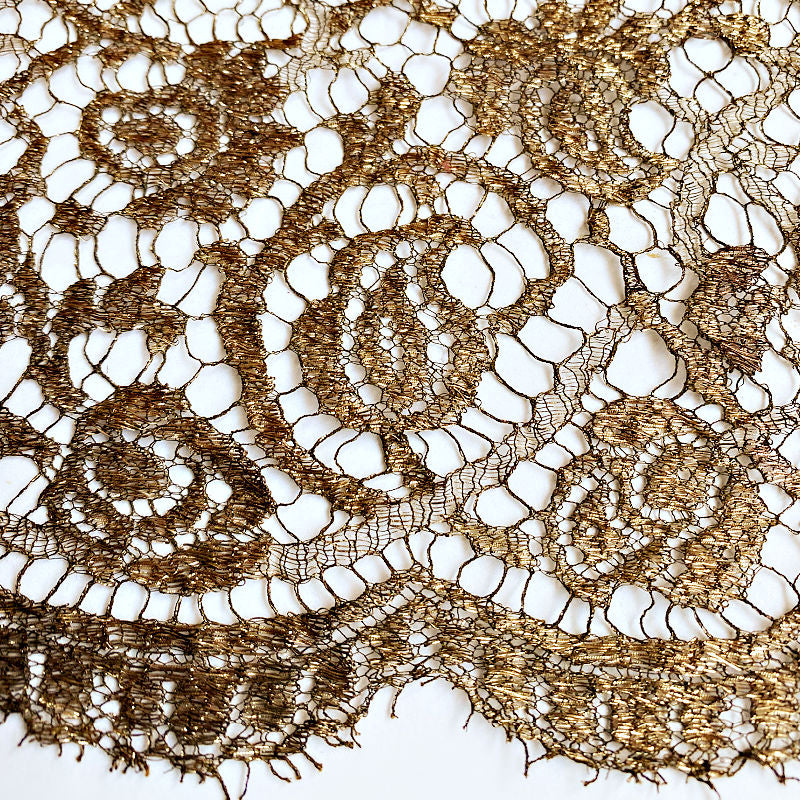 Antique French gold metallic lace panel embroidered with romantic rose motifs. A rare large-format textile with luminous antique patina.