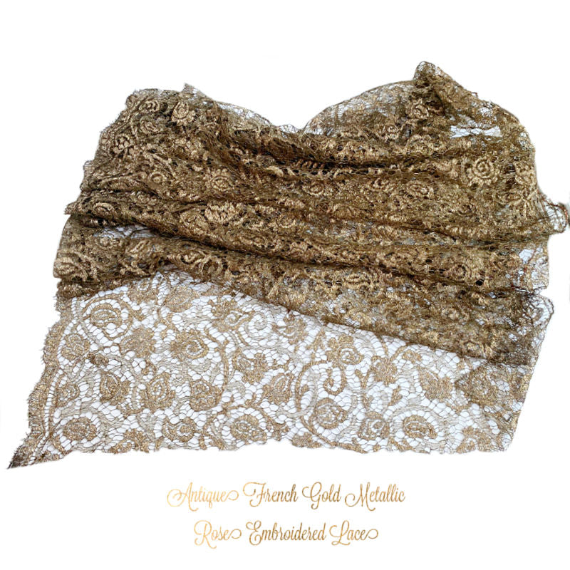 Antique French gold metallic floral embroidered lace in two different views, showing the detailed floral patterns and the metallic sheen.