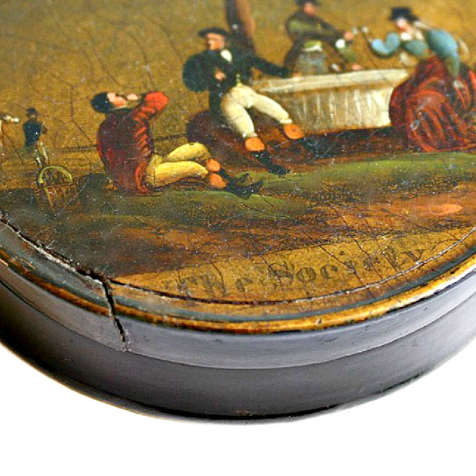 Antique French snuff box “The Society” with hand-painted figures and lettering