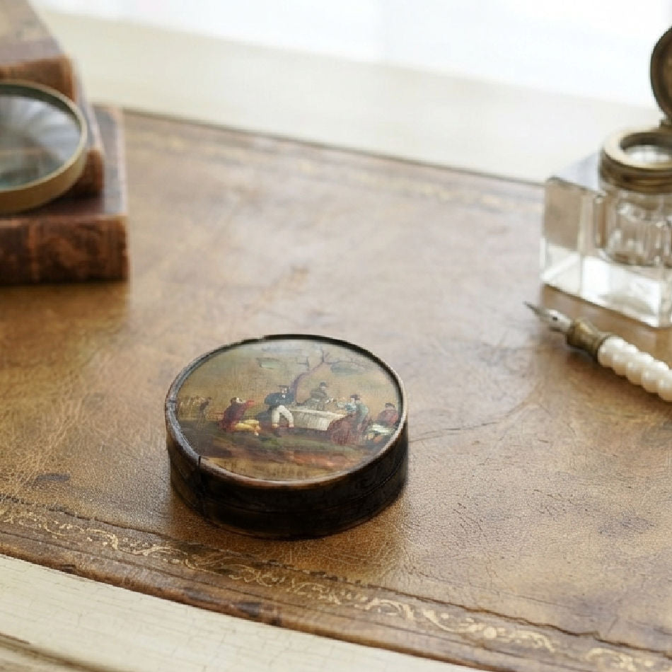 Antique French Hand-Painted Lacquer Snuff Box, “The Society”