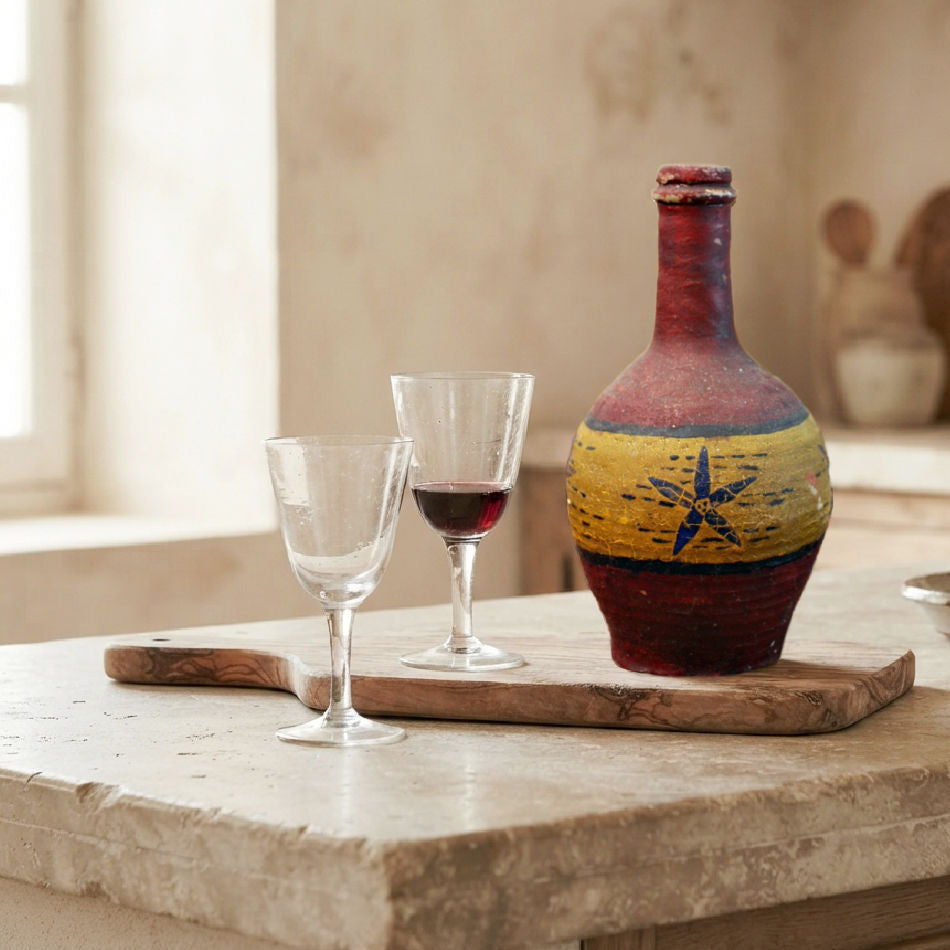 Antique French hand-painted Provençal stoneware wine bottle on an antique french cutting board with two wine glasses