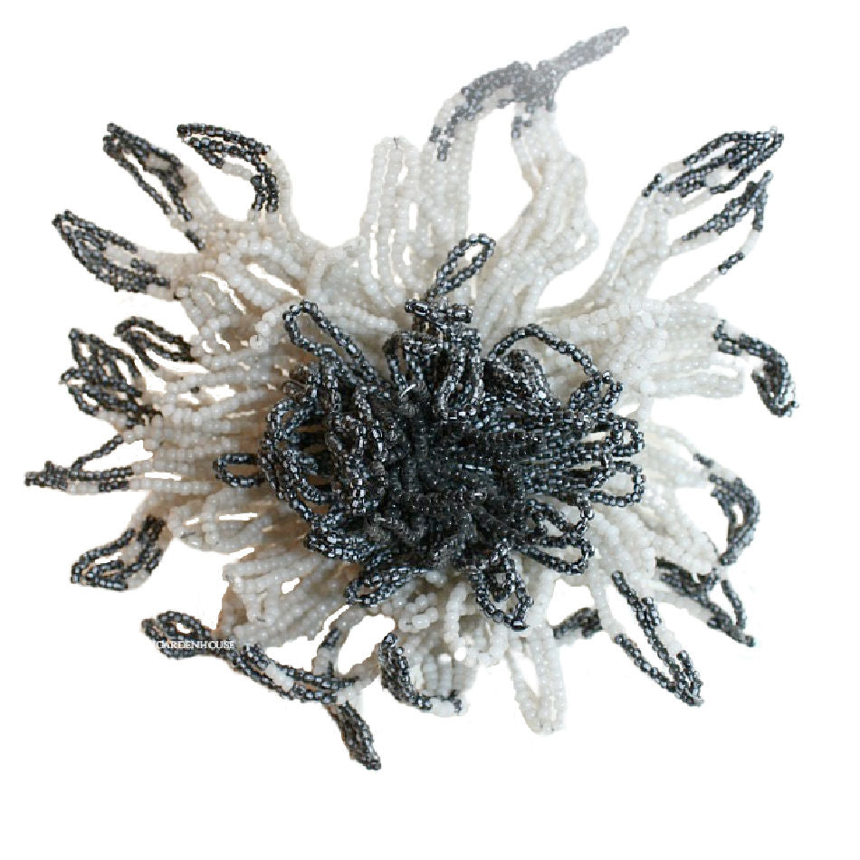 Antique French Hand Made Glass Beaded Large Flower Silver