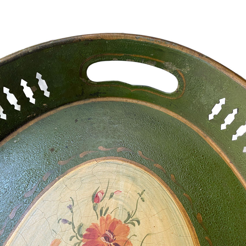 Antique French Hand Painted Tole Tray with Floral Bouquet