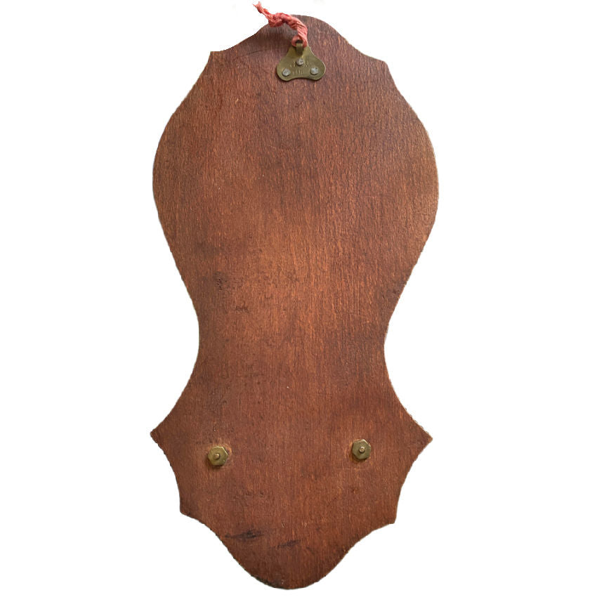 Wall-mounted French devotional holy water font, Paris souvenir from Notre Dame de Lourdes, showing gilt and silver details, back