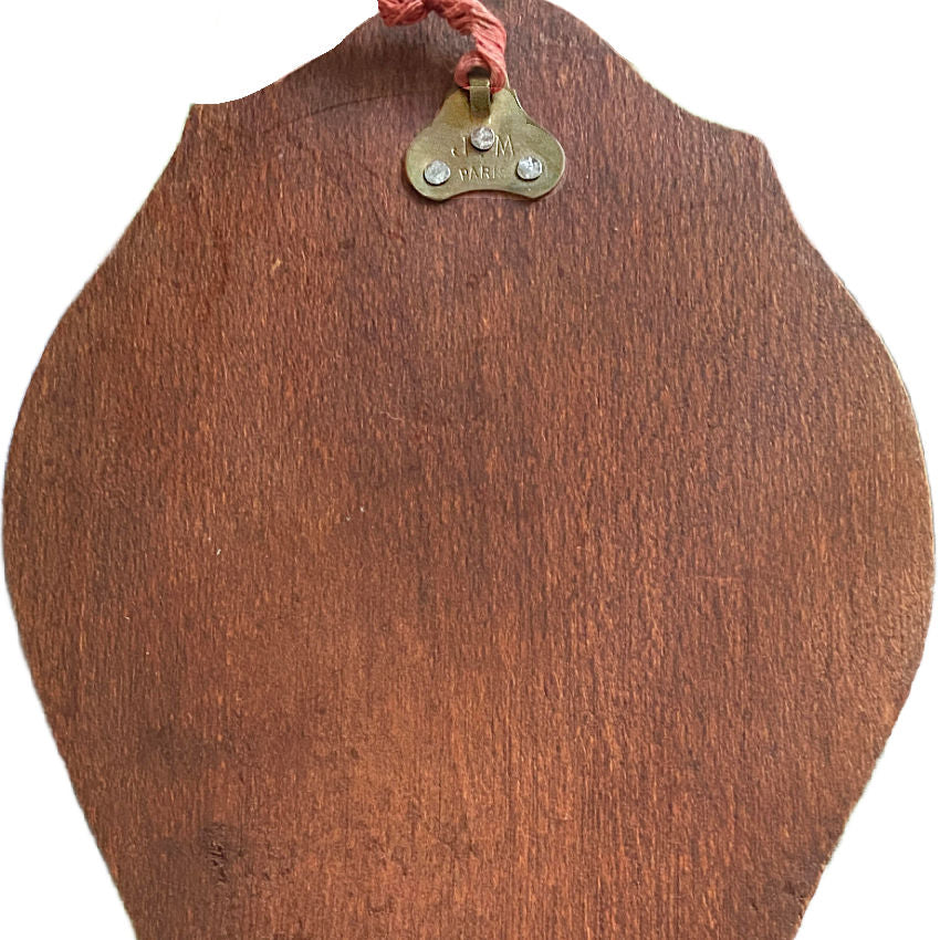 Wall-mounted French devotional holy water font, Paris souvenir from Notre Dame de Lourdes, showing gilt and silver details, marked ‘Paris’ on back.