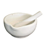 Antique French ironstone mortar and porcelain pestle, heavy kitchen collectible, 5¼" diameter x 2½" H