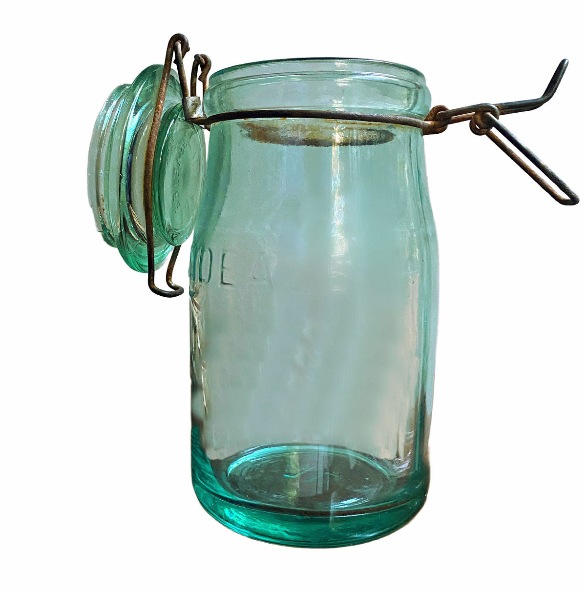 8½ inch antique French aqua glass canning jar for a collected kitchen