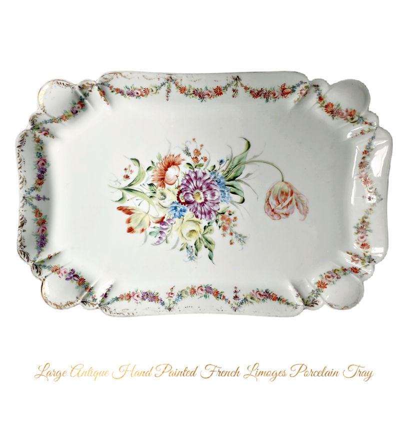 Huge Antique French Hand Painted Limoges Tray with Floral Bouquet