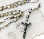 Rare antique rosary HMH Pawtucket mother of pearl beads engraved sterling cross