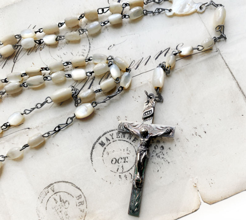 Rare antique rosary HMH Pawtucket mother of pearl beads engraved sterling cross