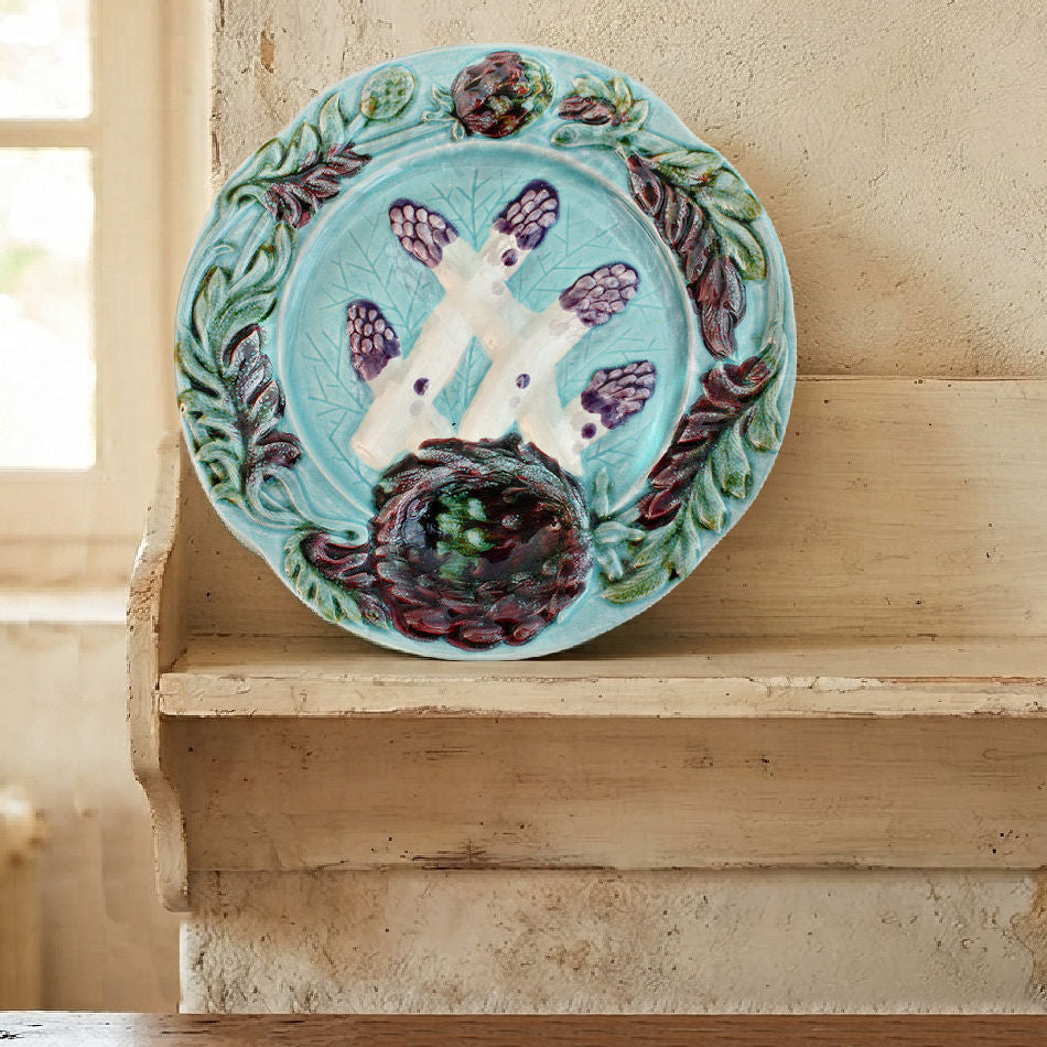 Vintage French Majolica Asparagus & Artichoke Plate Aqua and