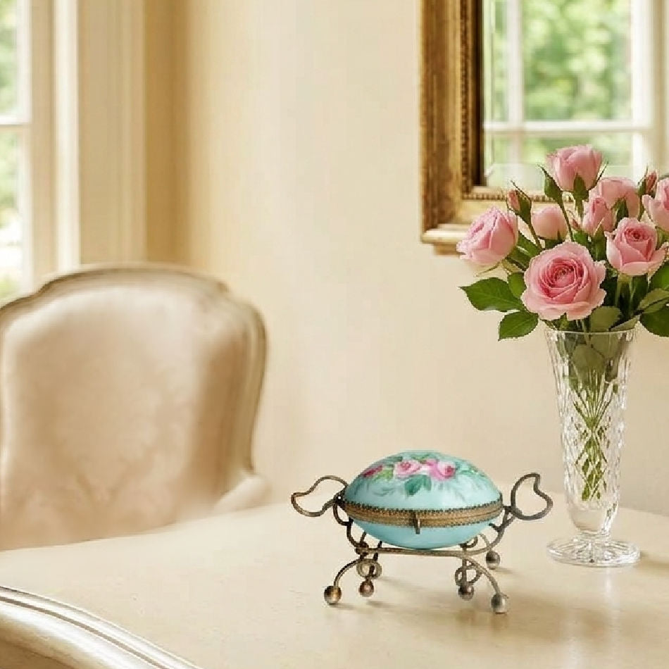 Antique French aqua porcelain and gilt ormolu egg casket displayed among fine French antiques and pink roses
