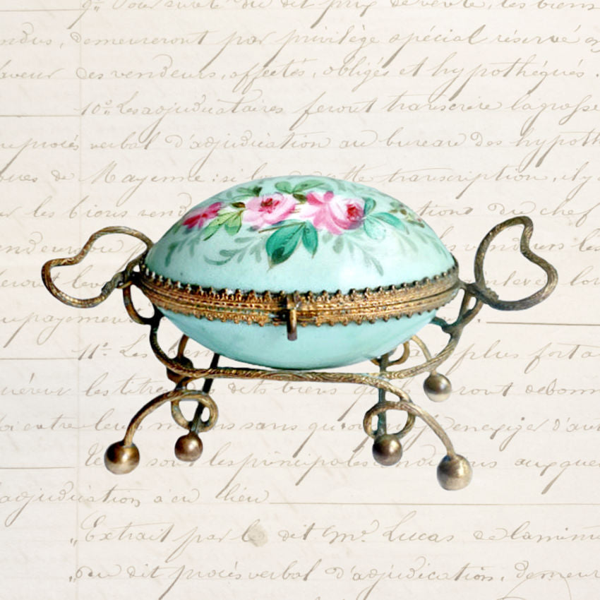 Antique French Palais Royal Aqua Porcelain & Gilt Ormolu Egg Shaped Casket