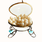 Antique French Palais Royal opaline glass egg box with subtle blue accents, Napoleon III, 19th century, gilt bronze stand, Grand Tour collectible.