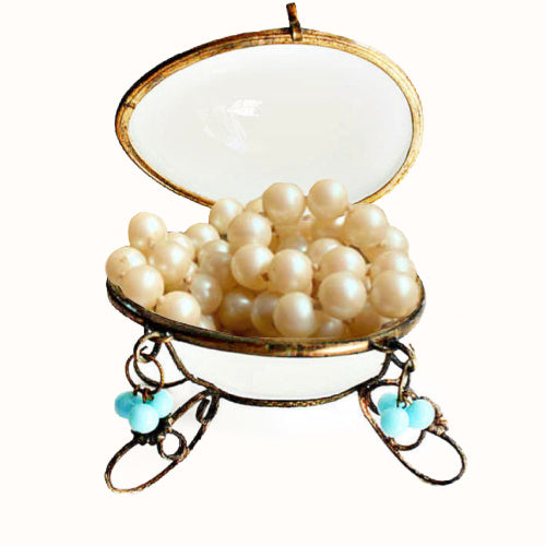 Antique French Palais Royal opaline glass egg box with subtle blue accents, Napoleon III, 19th century, gilt bronze stand, Grand Tour collectible.