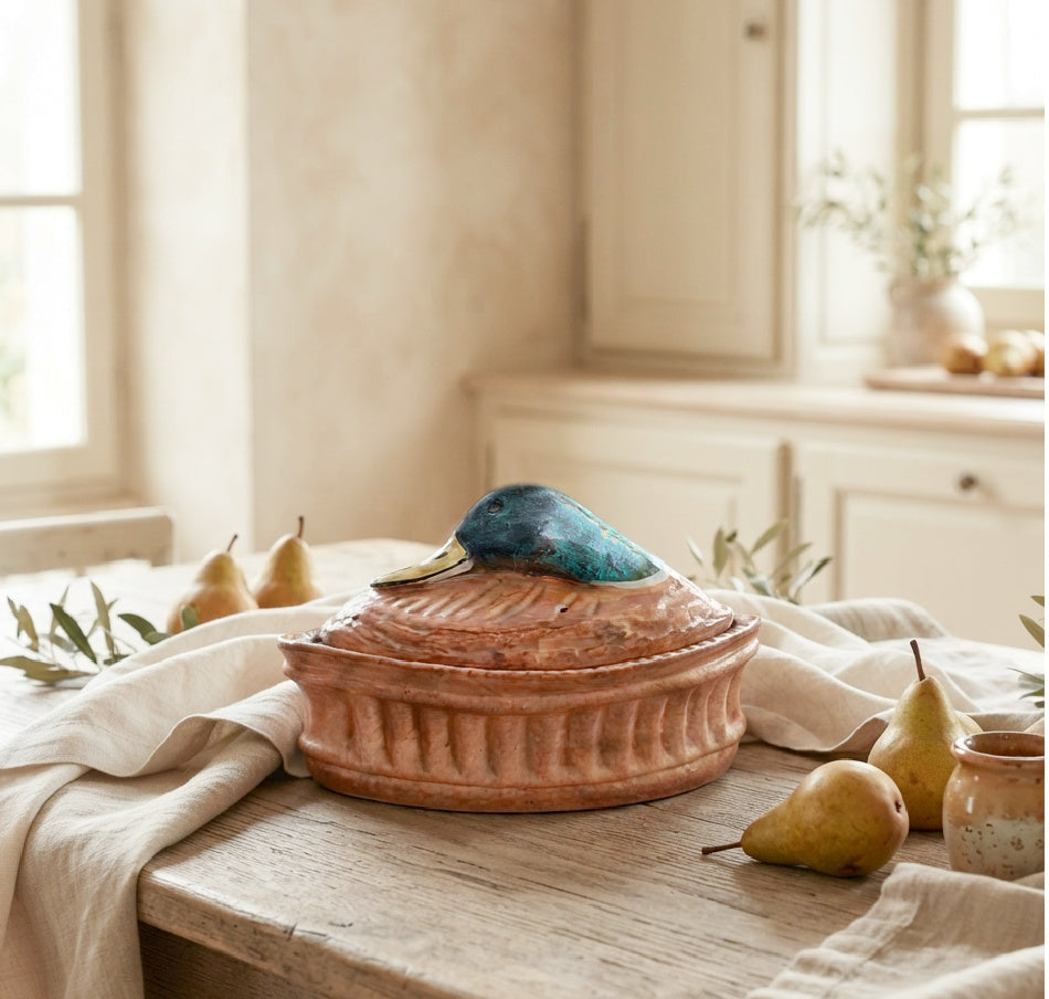 Antique French Pillivuyt mallard duck pâté terrine styled in a French Country kitchen
