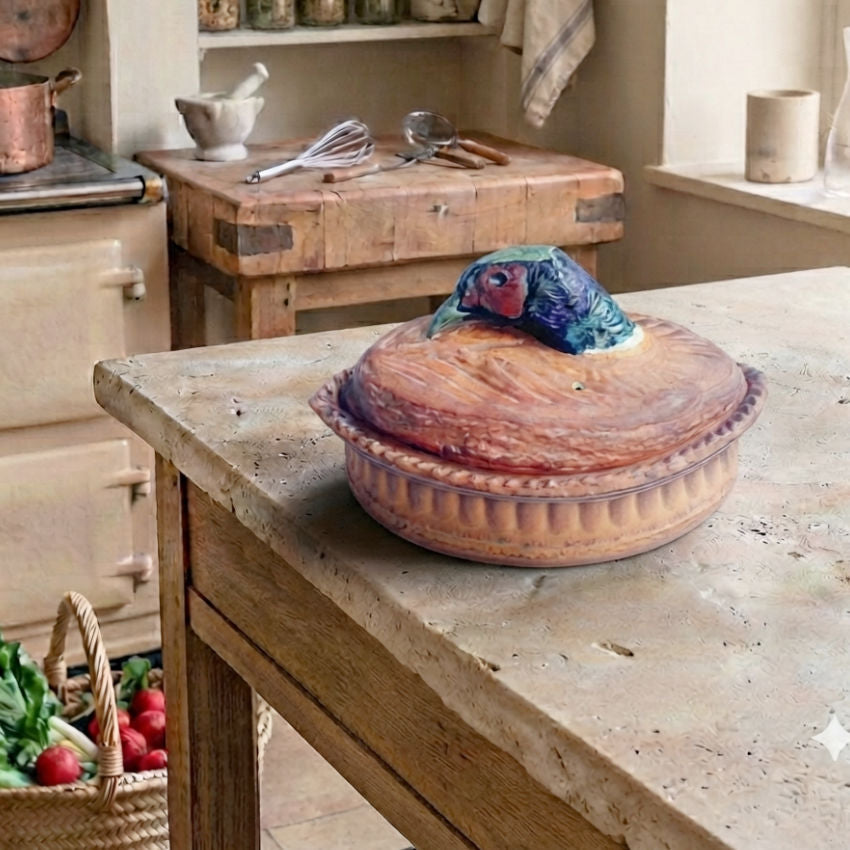 French Pillivuyt Trompe L'oeil Porcelain Pheasant in a Crust Pâté Terrine styled in a french country kitchen with light spilling in from a window