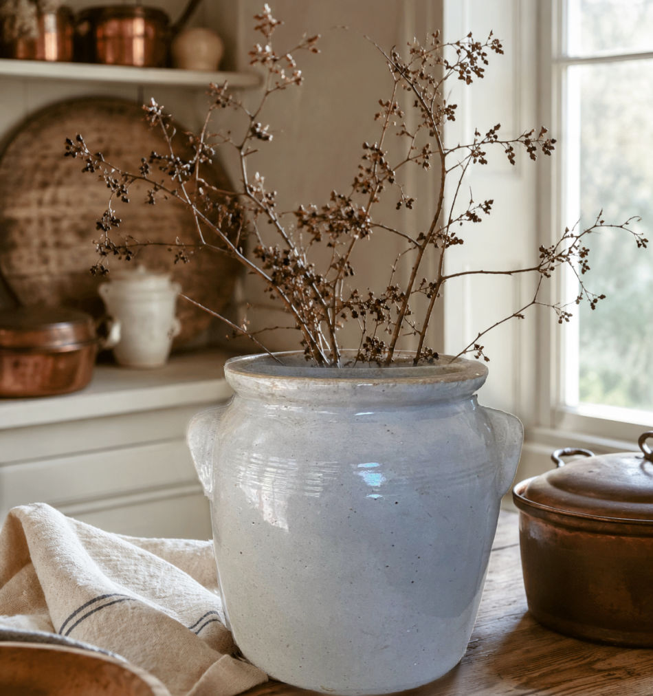 Antique French Provincial Glazed Earthenware Crock with Scalloped Handles