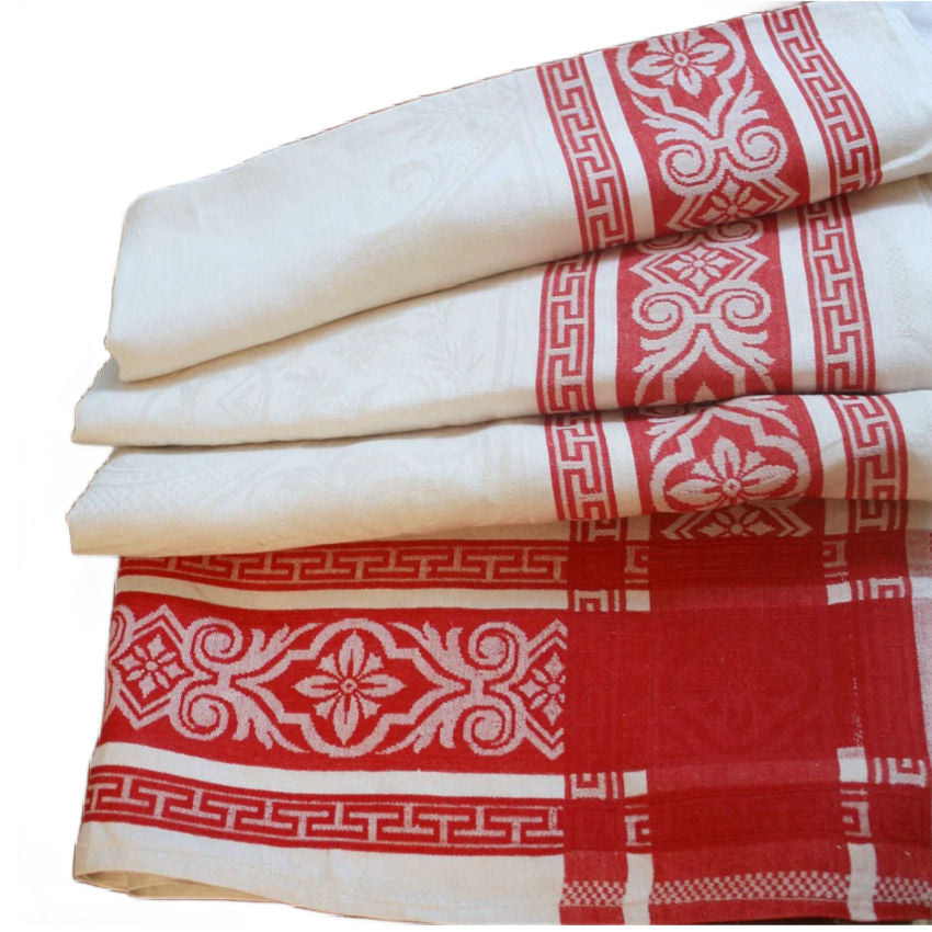 antique French red and white damask linen tablecloth 19th century handwoven vintage linen