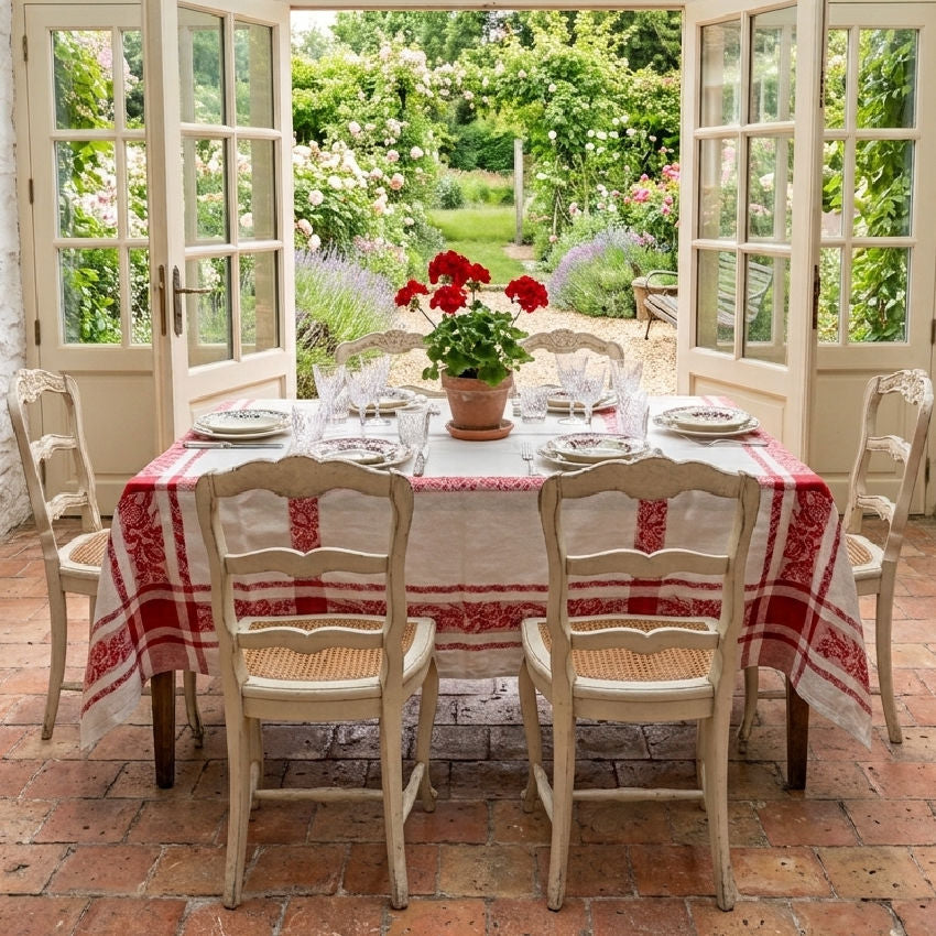 Antique French red and white rose damask tablecloth dressing a farmhouse table in a sun-filled French country sunroom with open French doors overlooking a blooming garden