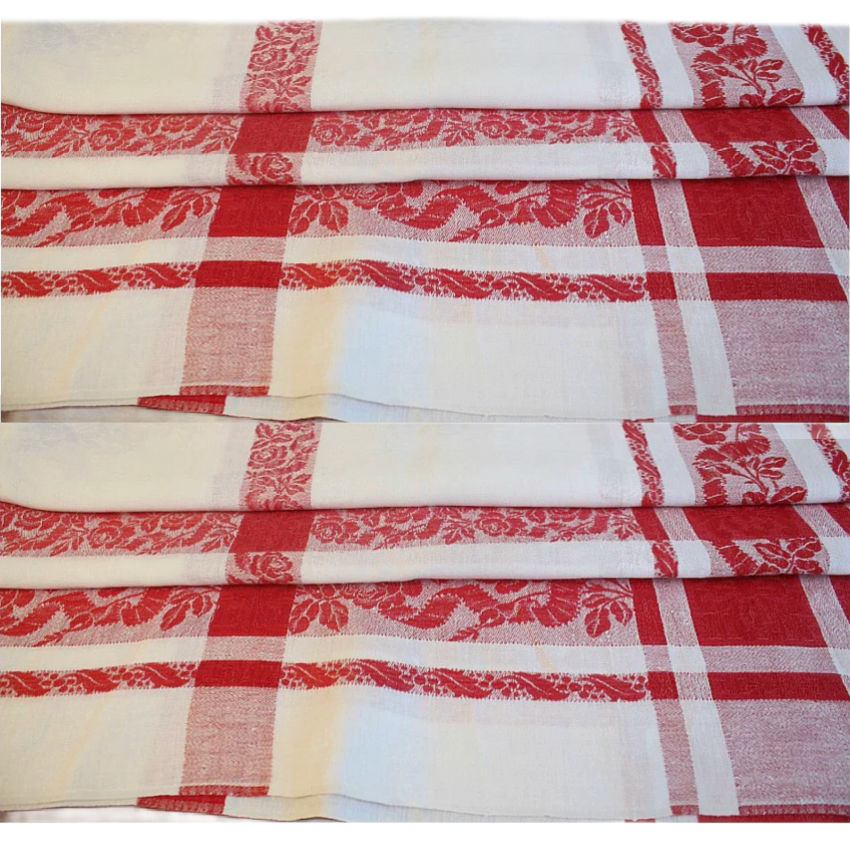 antique French red and white rose damask tablecloth woven roses hand-embroidered monograms vintage linen