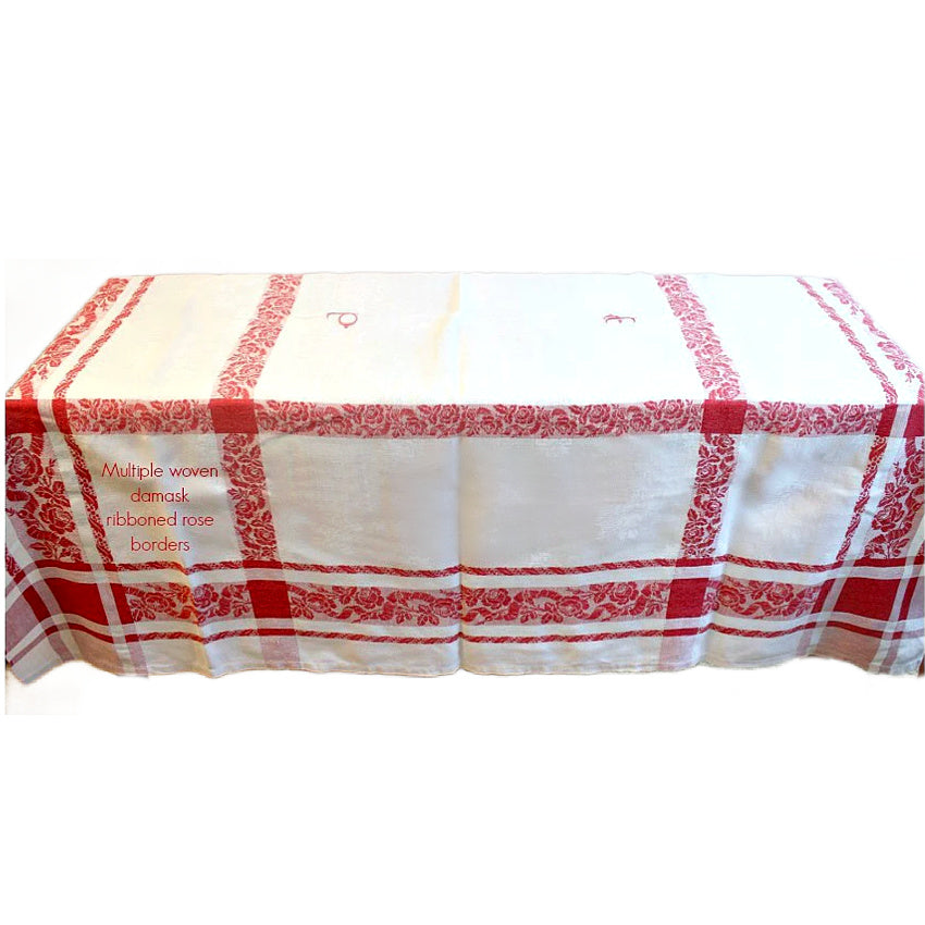 vintage French rose damask tablecloth woven floral design hand-embroidered monograms