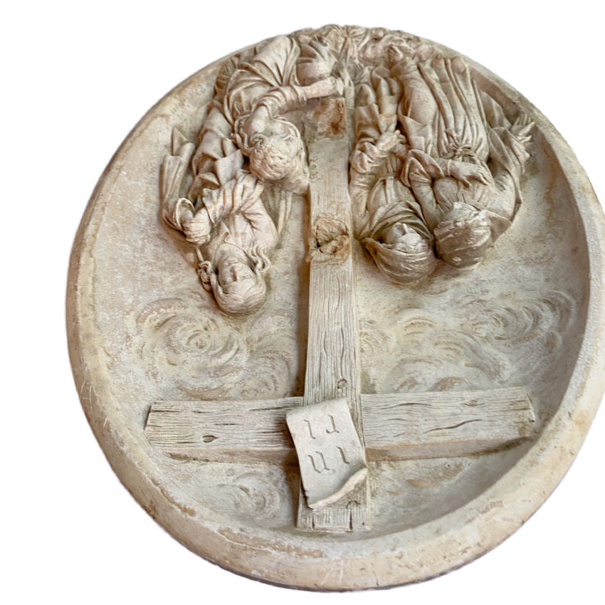 back view showing depth and sculptural detail of plaster religious wall plaque