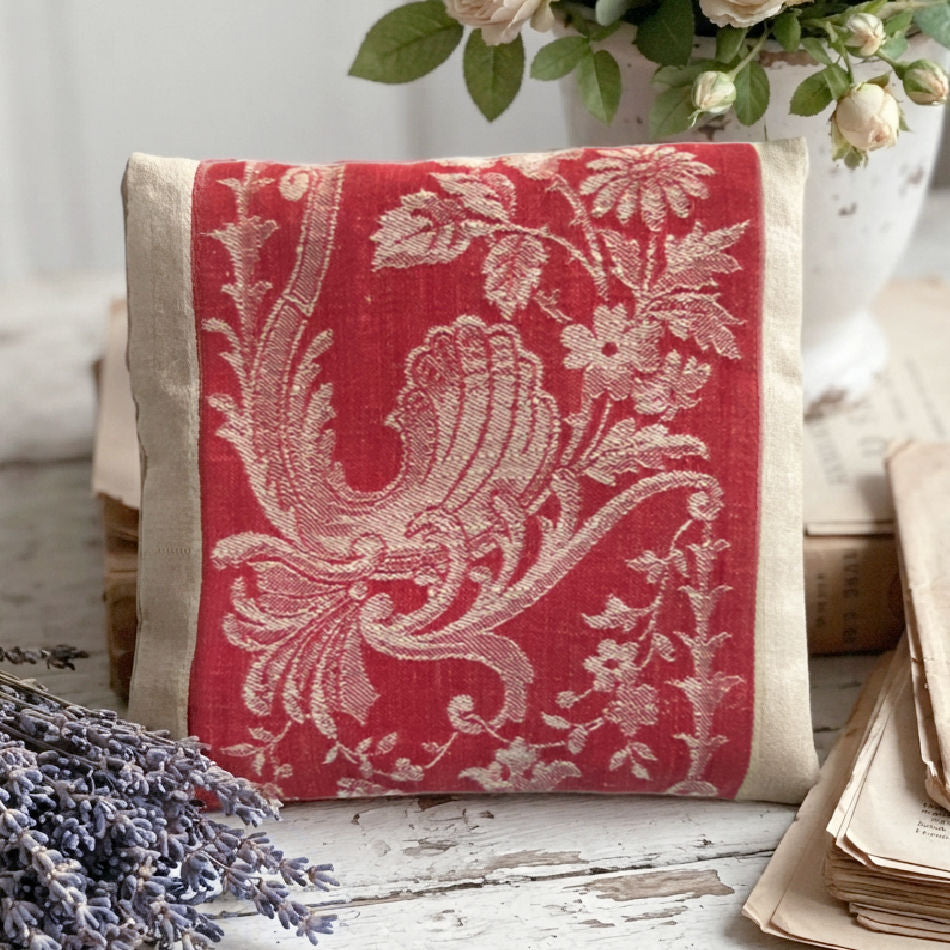French lavender sachet pillow made from antique floral rococo French ticking with linen reverse, styled with roses and lavender bundle