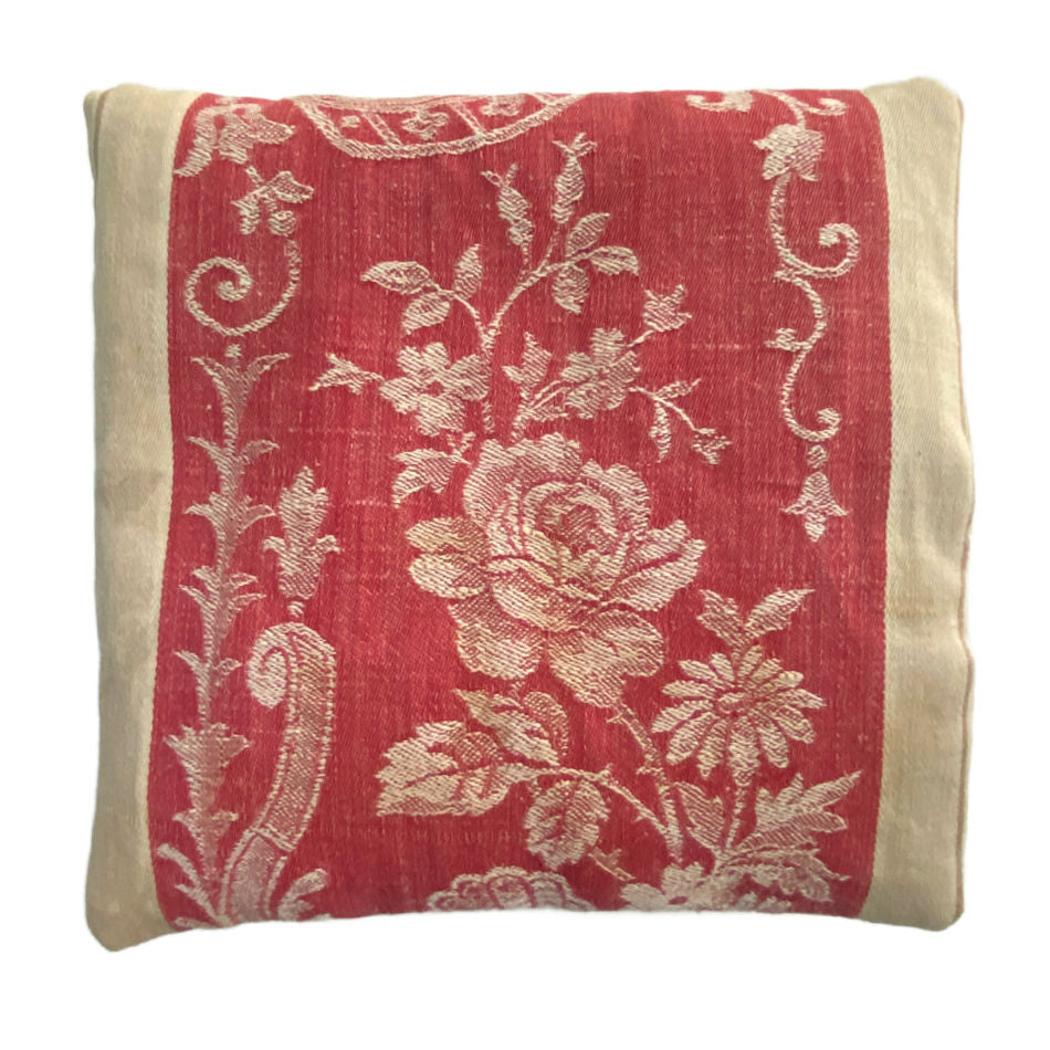 French lavender sachet pillow made from antique floral French ticking with linen reverse