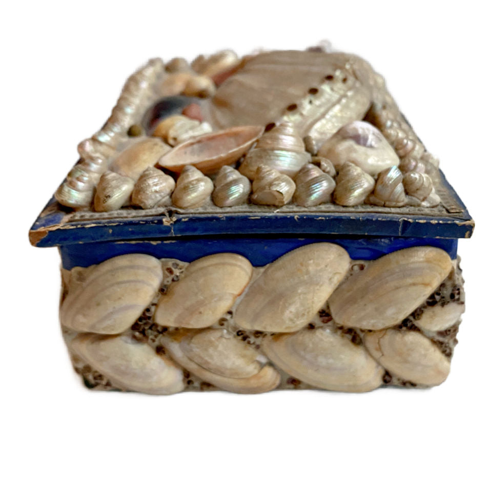 Side view of antique French shell work keepsake box