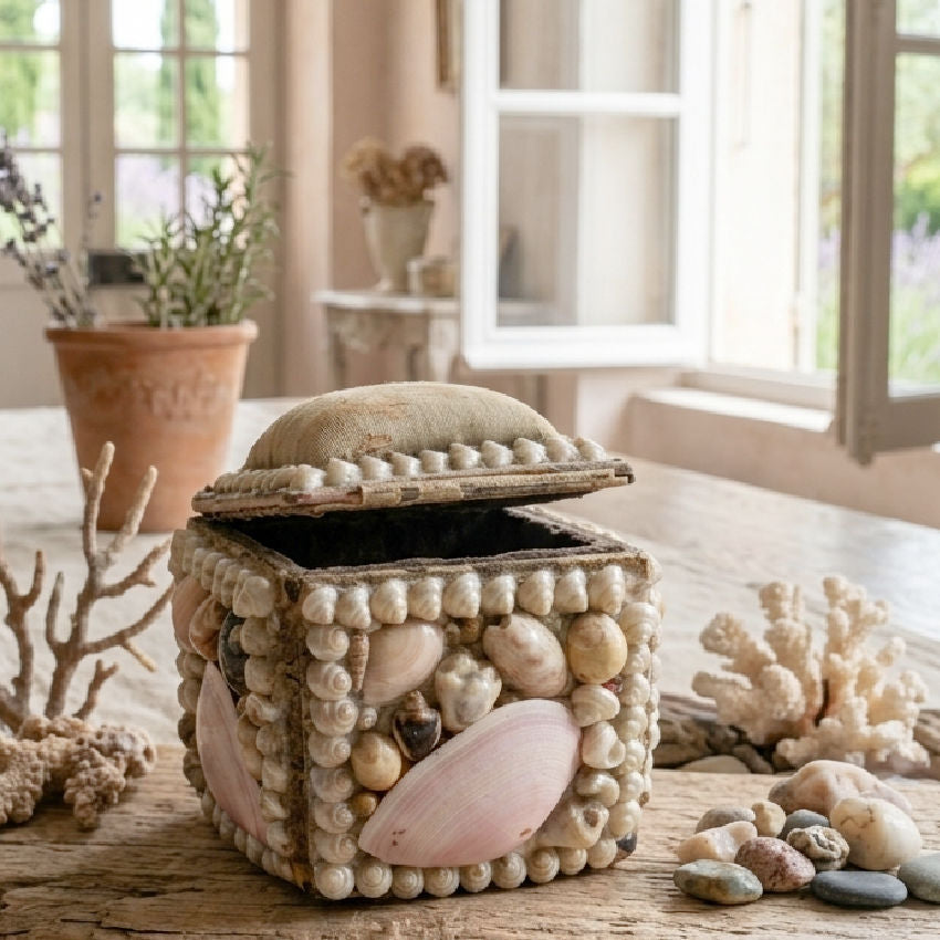 French shellwork pinbox with pin cushion open in living room