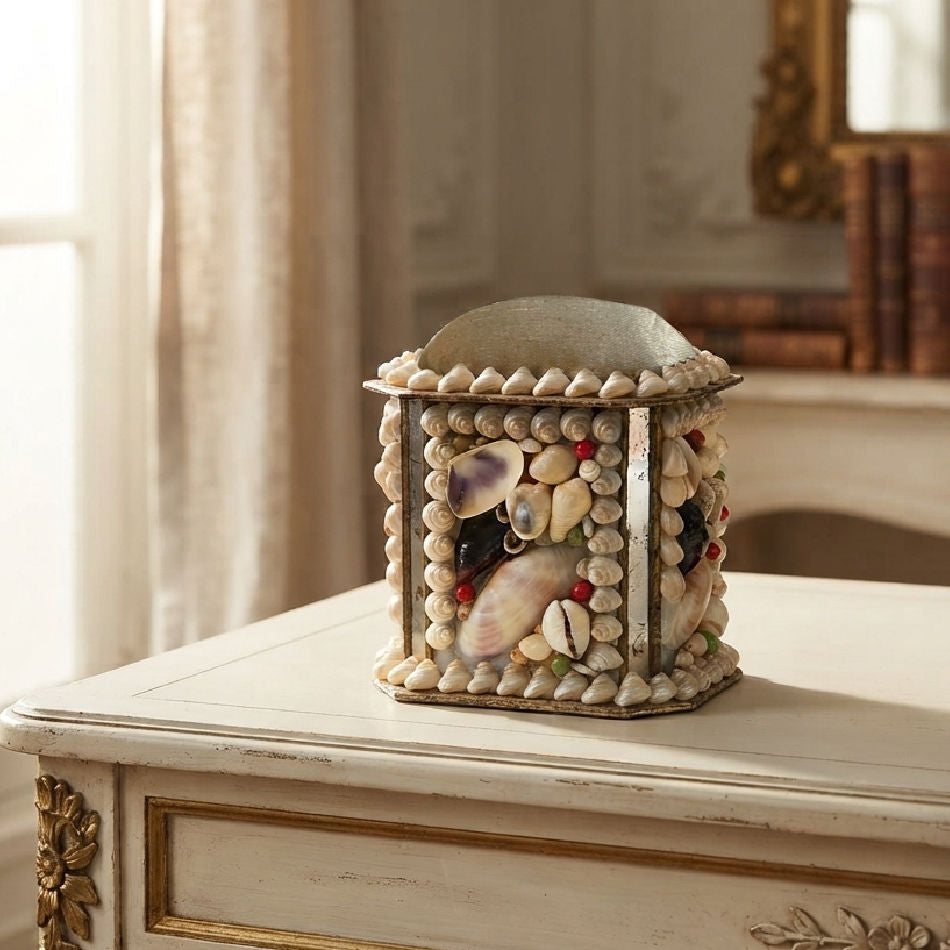 Antique French shellwork souvenir box with mirrored sides on french desk