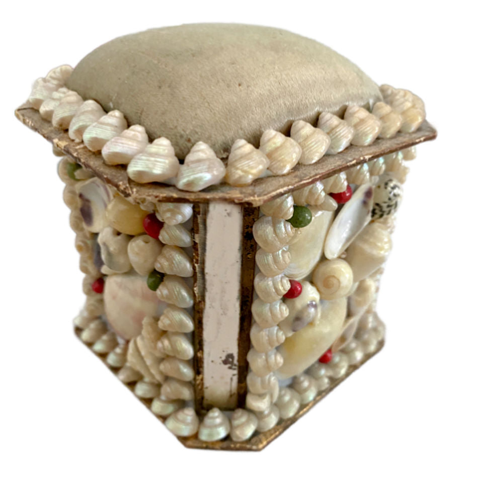 Petite antique French shellwork souvenir box with green silk pincushion