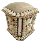 Petite antique French shellwork souvenir box with green silk pincushion