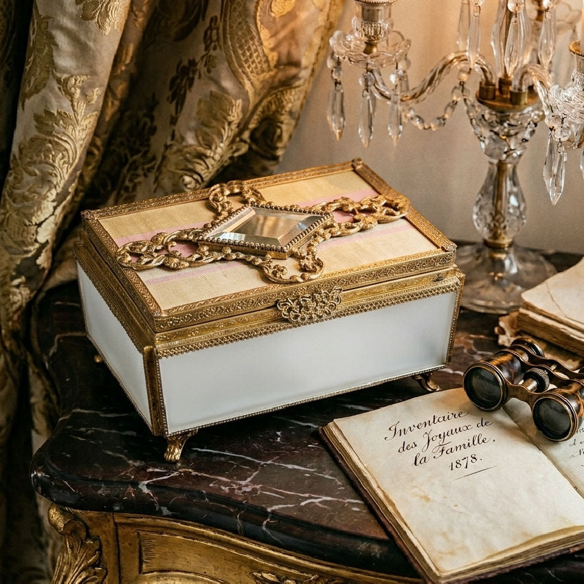 Antique French Silk & Satin Glass Jewelry Casket with Gilt Metalwork and Velvet Interior