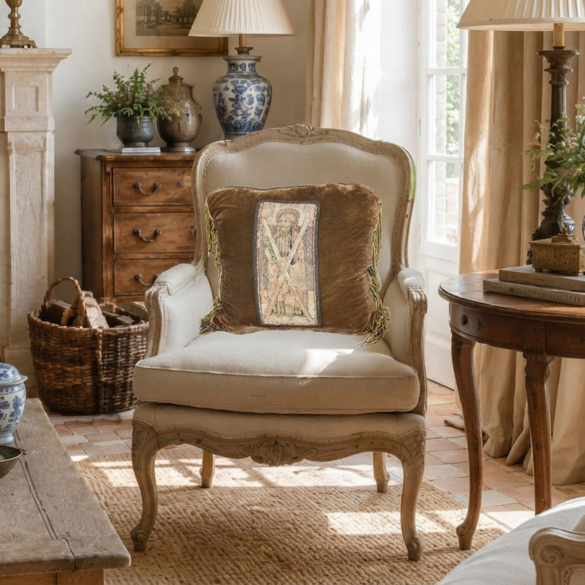 Antique silk velvet pillow with a bullion tapestry fragment and heavy gold bullion trim, featuring a brown velvet background and gold tassels styled on a bergere chair