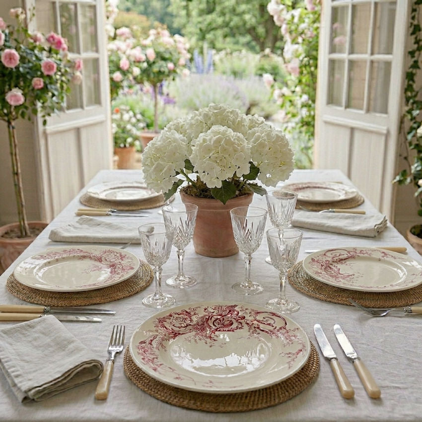 antique French red and white transferware plates styled for entertaining ub french country sun room