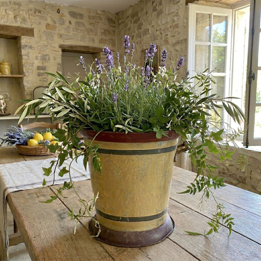 Antique French tole cachepot faux bois in French country kitchen with lavender and ivy styling