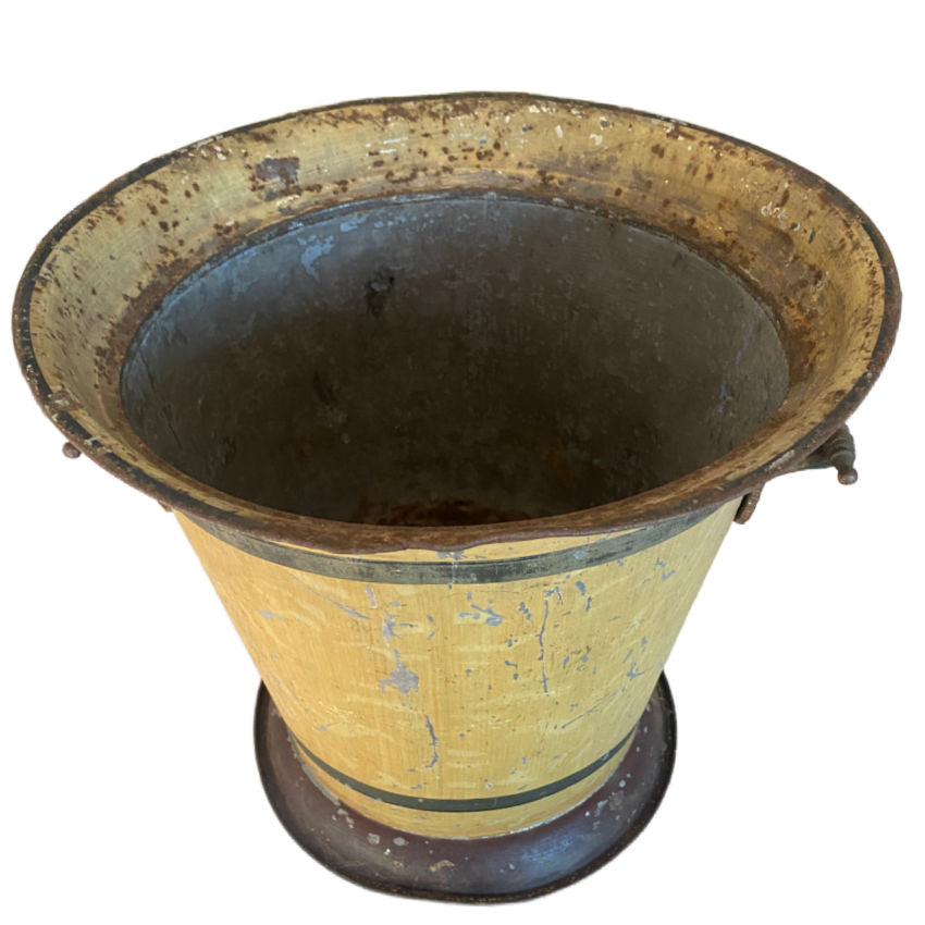 Antique French tole jardiniere aged patina paint loss flared rim top