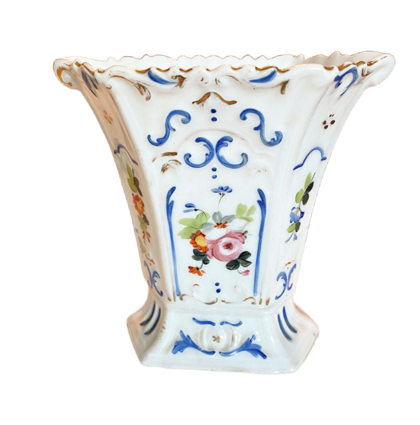 Antique French Vieux Paris porcelain vase with blue and floral patterns, and gold accents.