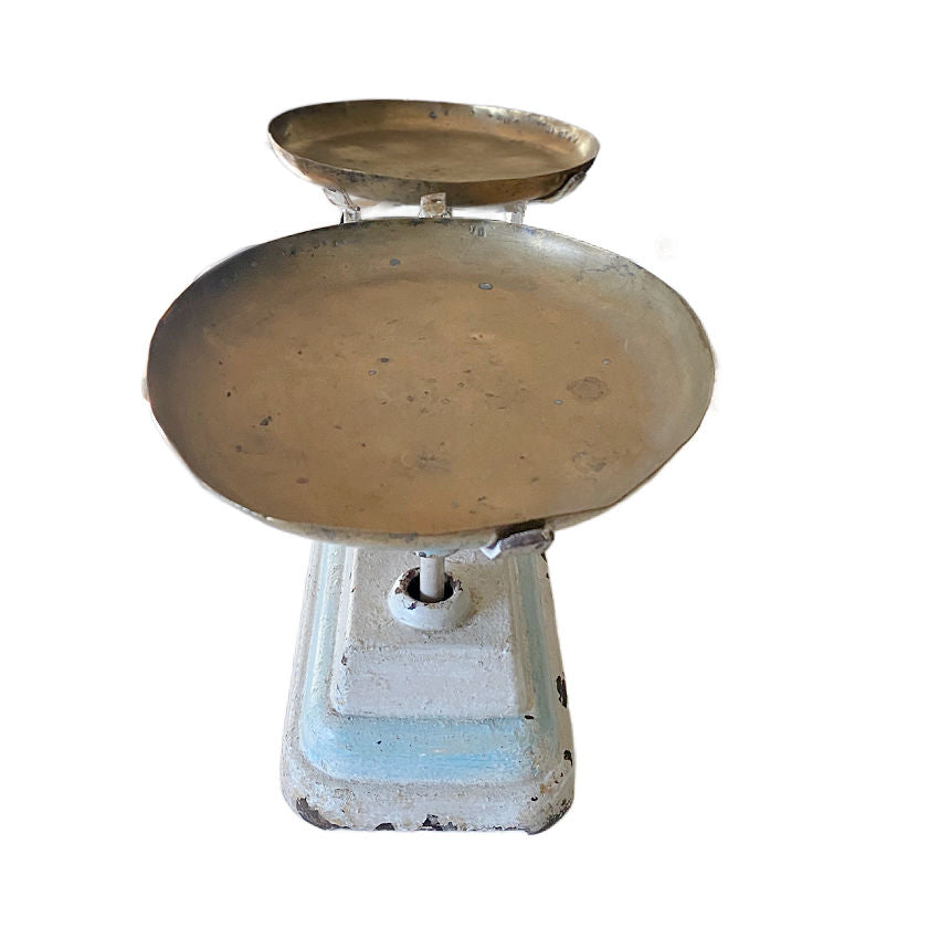 Antique French White and Aqua Blue Iron and Brass Balance Scale