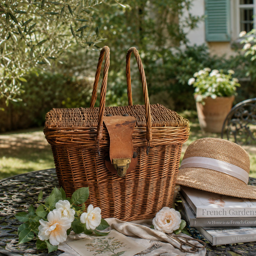 Antique French willow picnic basket with leather closure